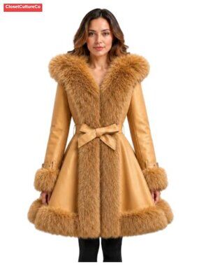 Vegan Leather Belted A Line Winter Coat Faux Fur Hood 3/4 Length